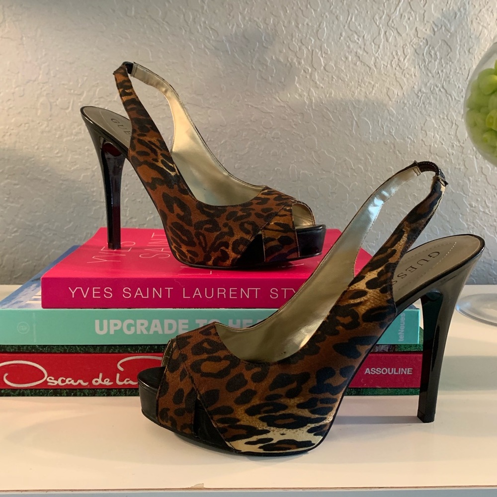 GUESS Leopard Print Peep Toe Heels Size 10
